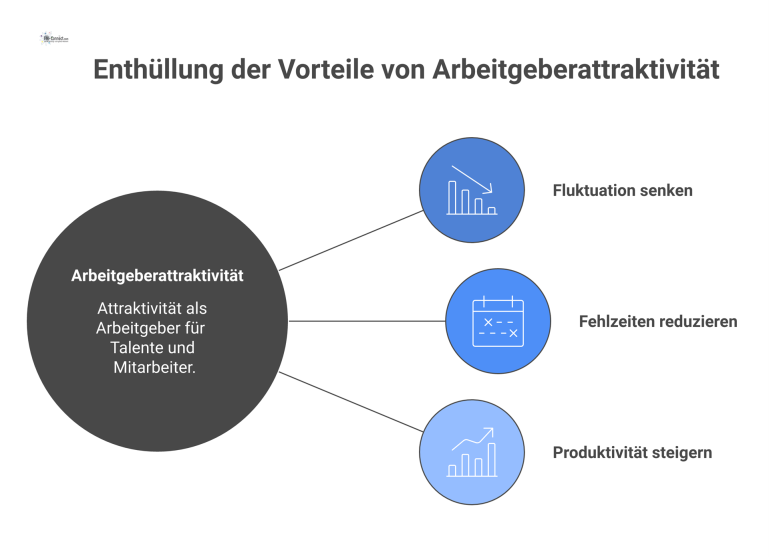 Eine Mindmap zum Business Case Arbeitgeberattraktivität mit den Hauptzweigen Fluktuation senken, Fehlzeiten reduzieren und Produktivität steigern, inklusive Hebel und Effekte. 
