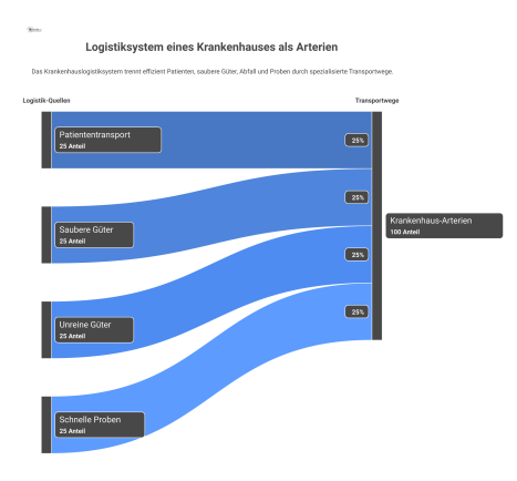 Diagramm eines Krankenhauses, das die Logistikflüsse als Arterien darstellt, mit Wegen für Patienten, saubere/unreine Güter und Rohrpost.