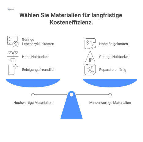 Infografik-Vergleich von hochwertigen Materialien mit geringen Lebenszykluskosten und minderwertigen Materialien mit hohen Folgekosten durch Reparatur und Reinigung. 