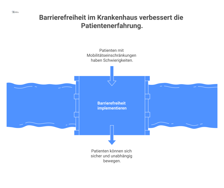Infografik: Barrierefreiheit im Krankenhaus Infografik eines barrierefreien Krankenhauszimmers mit rollstuhlgerechtem Bad, höhenverstellbarem Bett und einem breiten Flur für ausreichend Wendefläche.