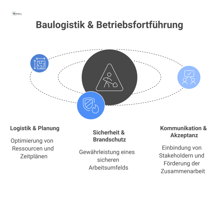 Mindmap: Baulogistik & Betriebsfortführung Mindmap-Diagramm zu Baulogistik und Betriebsfortführung mit den Hauptästen Logistik & Planung, Sicherheit & Brandschutz und Kommunikation & Akzeptanz.