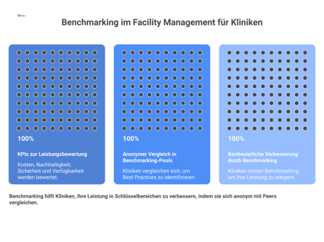 Diagramm des Benchmarking-Prozesses für Kliniken, bei dem KPIs zur Leistungsbewertung und zum anonymen Vergleich zur kontinuierlichen Verbesserung genutzt werden. 