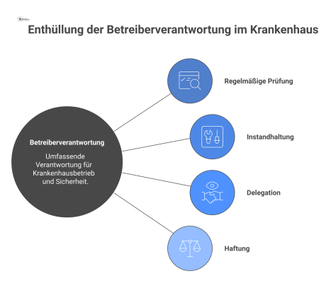 Infografik über Betreiberverantwortung, die den Klinikbetreiber im Zentrum zeigt, von dem Schutzschilde und Pflichten zur Sicherheit ausgehen.
