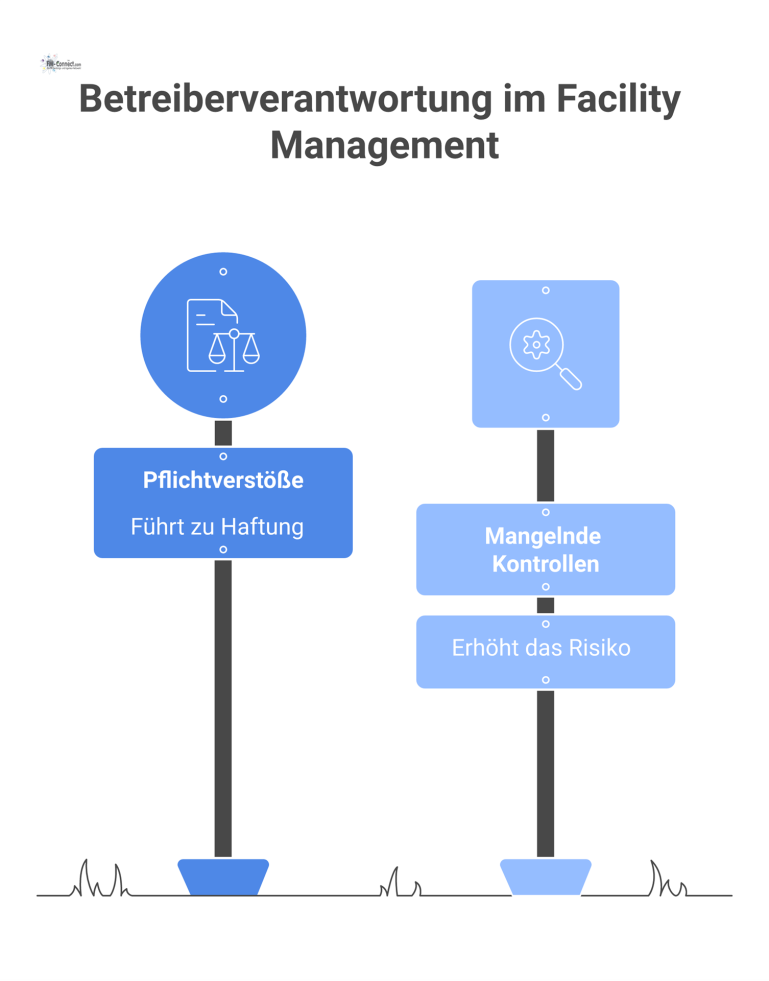 Risikodiagramm Betreiberverantwortung im Facility Management Risikodiagramm zur Betreiberverantwortung, das die hohe Haftungsgefahr bei Pflichtverstößen zeigt und wie Kontrollmaßnahmen das Risiko mindern.
