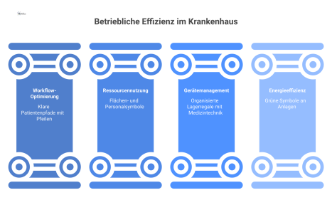 Infografik visualisiert vier Säulen der betrieblichen Effizienz im Krankenhaus: Workflow-Optimierung, Ressourcennutzung, Gerätemanagement und Energieeffizienz mit Icons.