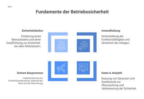  Infografik der vier Säulen für Betriebssicherheit im Krankenhaus: Instandhaltung, Daten, sichere Bauprozesse und eine gelebte Sicherheitskultur. 