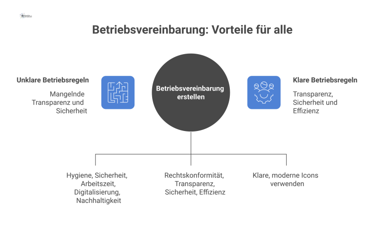 Infografik zur Betriebsvereinbarung, die Inhalte wie Hygiene und Arbeitszeit mit Vorteilen wie Rechtskonformität, Transparenz und Sicherheit verknüpft.