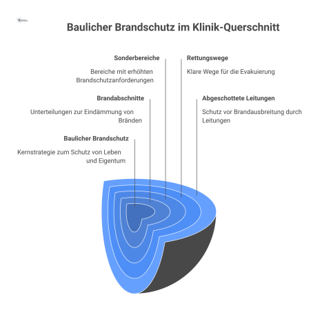 Diagramm eines Klinik-Querschnitts, der bauliche Brandschutzmaßnahmen wie Brandabschnitte, feuerfeste Wände, Sonderbereiche und markierte Rettungswege visualisiert.