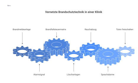 Flussdiagramm der vernetzten Brandschutztechnik: Ein Alarmsignal aktiviert die Brandfallsteuermatrix, die Löschanlagen, Rauchabzug, Alarme und Türen steuert.