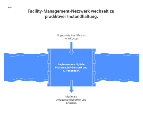 Diagramm, das den Weg von reaktiver zu prädiktiver Instandhaltung über digitale Prozesse, IoT-Sensorik und KI-Prognosen visualisiert.