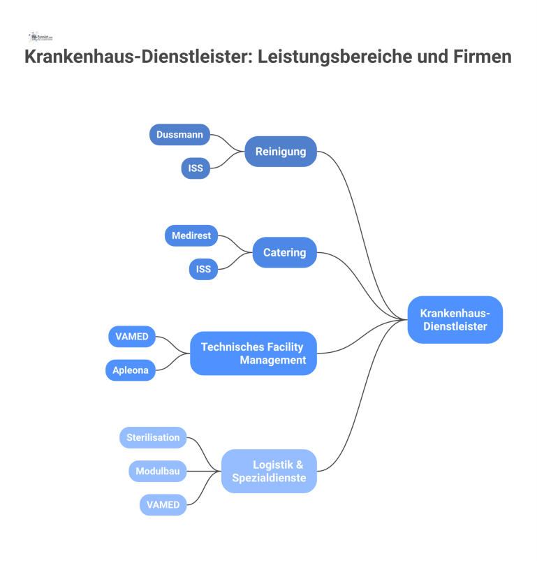 Infografik, die Krankenhaus-Dienstleister in Cluster wie Reinigung, Catering, Facility Management und Logistik einteilt und dazu Beispielfirmen zuordnet. 
