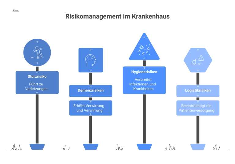 Infografik zum Risikomanagement im Krankenhaus, die vier Risikobereiche zeigt: Sturz, Demenz, Hygiene, Logistik mit Ursache, Auswirkung und Gegenmaßnahme. 