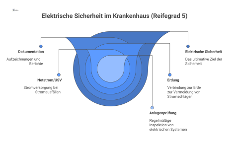 Infografik eines Krankenhauses, umgeben von Ringen der elektrischen Sicherheit: Anlagenprüfung, Geräteprüfung, Notstrom, Erdung und Dokumentation.