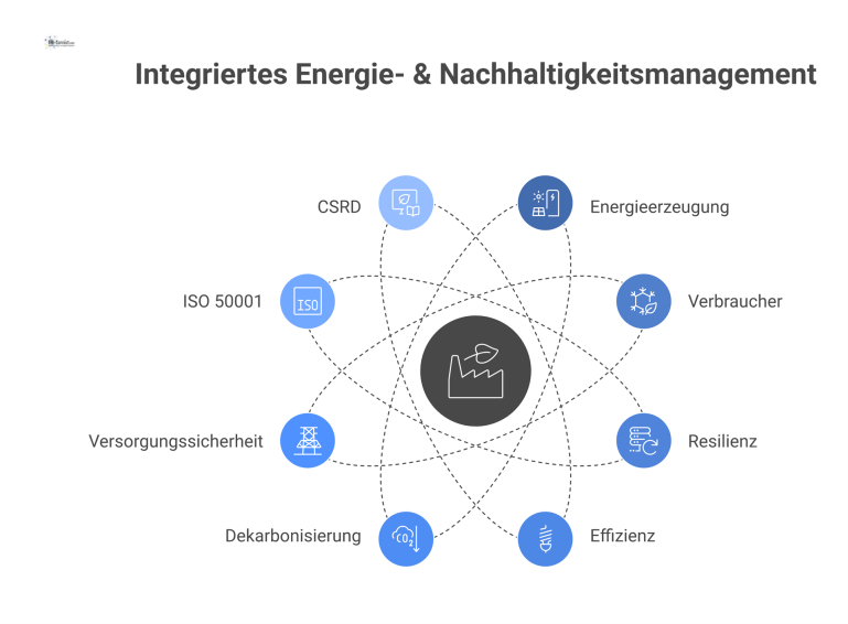 Diagramm des integrierten Energie- & Nachhaltigkeitsmanagements, das vernetzte Systeme wie Energieerzeugung, Verbraucher und Resilienz zur Steuerung von KPIs darstellt.