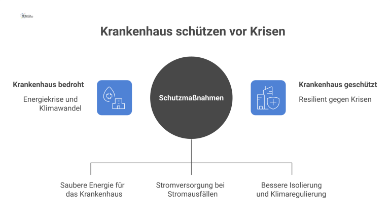 Infografik eines modernen Krankenhauses, das sich mit Solaranlagen und Notstromaggregaten gegen die Bedrohungen von Energiekrise und Klimawandel schützt.