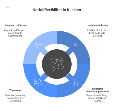 Diagramm zur Notfallflexibilität in Kliniken mit vier Bereichen: Isolationseinheiten, erweiterte Behandlungsbereiche, Triagezonen und umgenutzte Flächen zur Krisenbewältigung.