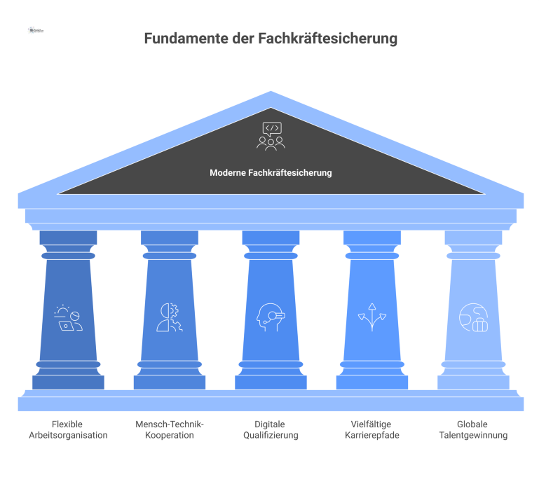 Fünf Säulen der modernen Fachkräftesicherung Infografik zur Fachkräftesicherung zeigt fünf Säulen: flexible Arbeit, Mensch-Technik-Kooperation, digitale Qualifizierung, Karrierepfade und globale Talentgewinnung.