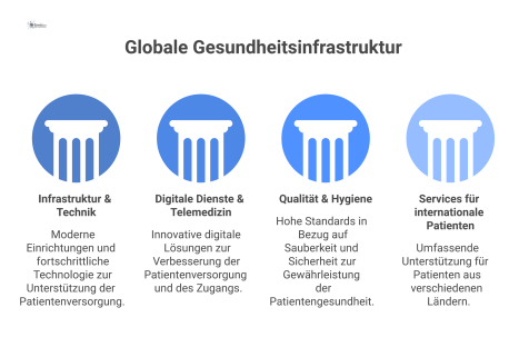  Infografik eines internationalen Krankenhauses, das durch die vier Säulen des Facility Managements gestützt wird: Infrastruktur, Digitales, Hygiene und Patientenservice. 