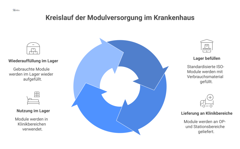 Kreislauf der Modulversorgung im Krankenhaus Infografik des Kreislaufs einer Modulversorgung: von der Befüllung im Zentrallager über die Nutzung in der Klinik bis zur Wiederauffüllung.