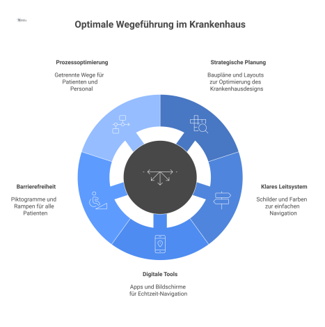 Infografik zur optimalen Wegeführung im Krankenhaus, die fünf Hauptpfeiler zeigt: Planung, Leitsystem, digitale Tools, Barrierefreiheit und Prozessoptimierung
