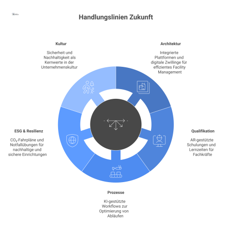 Mind-Map zum Thema Handlungslinien Zukunft mit fünf Hauptästen: Architektur, Qualifikation, Prozesse, ESG & Resilienz und Kultur mit Unterpunkten.