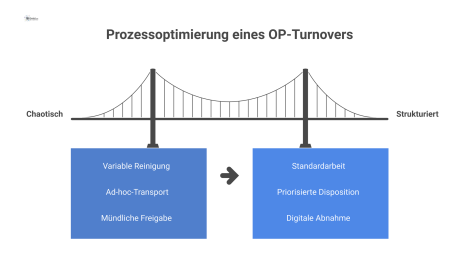 Ein Vorher-Nachher-Diagramm, das die Prozessoptimierung eines OP-Turnovers von chaotisch und ineffizient zu strukturiert und digital zeigt.