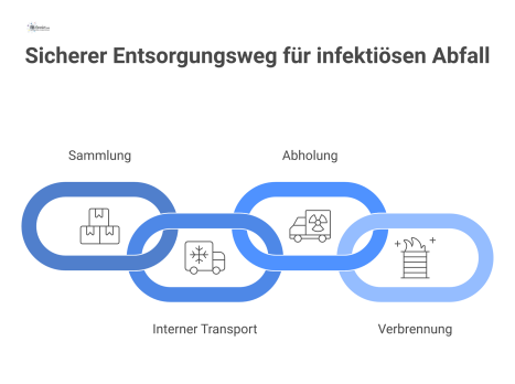 Prozessdiagramm zur Entsorgung von infektiösem Abfall in vier Schritten: Sammlung, interner Transport, Abholung durch Spezialtransporter und sichere Verbrennung.