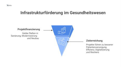 Infografik zu Finanzierungsquellen für Infrastrukturprojekte im Gesundheitswesen, die vom Facility Management zur Erreichung von Zielen wie Digitalisierung gesteuert werden.