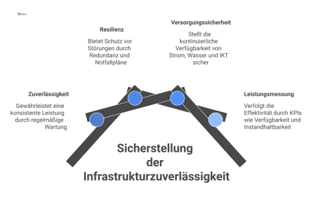 Diagramm zu Infrastrukturzuverlässigkeit und Resilienz, das die Sicherung der Versorgung durch Zuverlässigkeit, Resilienz und vier zentrale KPIs zeigt.