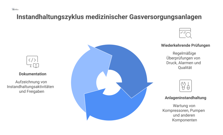 Technisches Strukturdiagramm zum Instandhaltungszyklus medizinischer Gasversorgungsanlagen, unterteilt in die Kategorien wiederkehrende Prüfungen, Anlageninstandhaltung und Dokumentation.