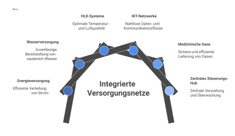 Infografik zur Integration von Versorgungsnetzen in Gebäuden, verbunden durch ein zentrales Hub und dargestellt mit farbcodierten Linien. 