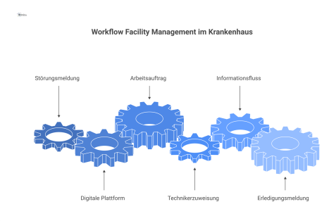 Workflow-Diagramm zeigt den Informationsfluss von einer Störungsmeldung über die Zuweisung an einen Techniker bis zur finalen Erledigungsmeldung.
