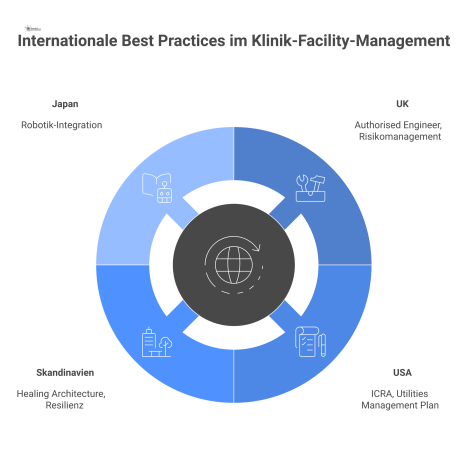  Infografik über internationale Best Practices im Klinik-Facility-Management mit einer zentralen deutschen Klinik und Impulsen aus verschiedenen Ländern.