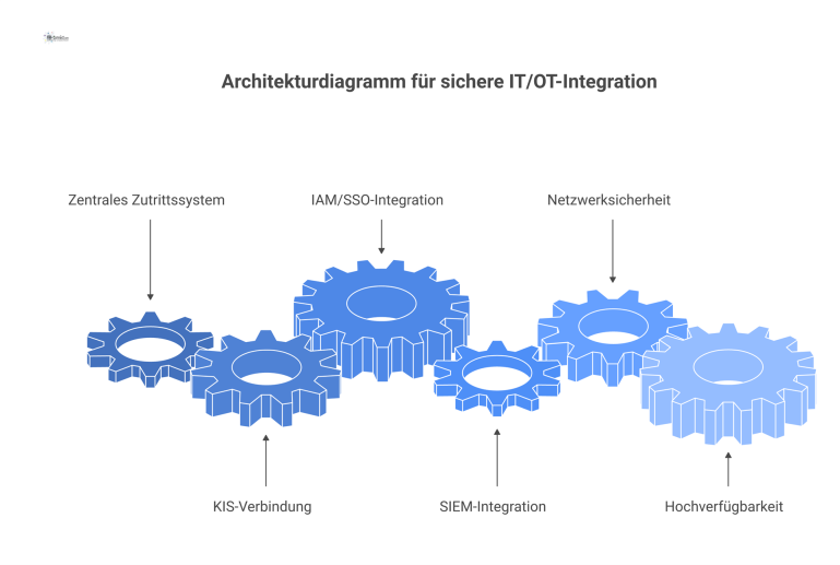 Architekturdiagramm einer sicheren IT/OT-Integration, das ein zentrales Zutrittssystem mit KIS, IAM und SIEM verbindet und Sicherheitskonzepte visualisiert.
