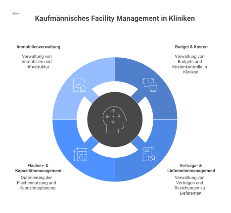 Infografik, die das Kaufmännische Facility Management in Kliniken mit seinen vier Kernbereichen Budget, Vertragsmanagement, Flächenmanagement und Immobilienverwaltung darstellt. 