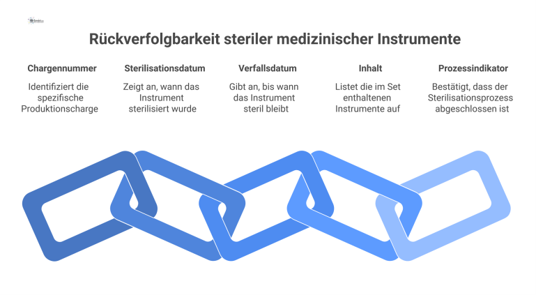 Infografik eines steril verpackten medizinischen Instrumentensets im Peel-Beutel, mit detailliertem Fokus auf dem Etikett zur vollständigen Rückverfolgbarkeit.