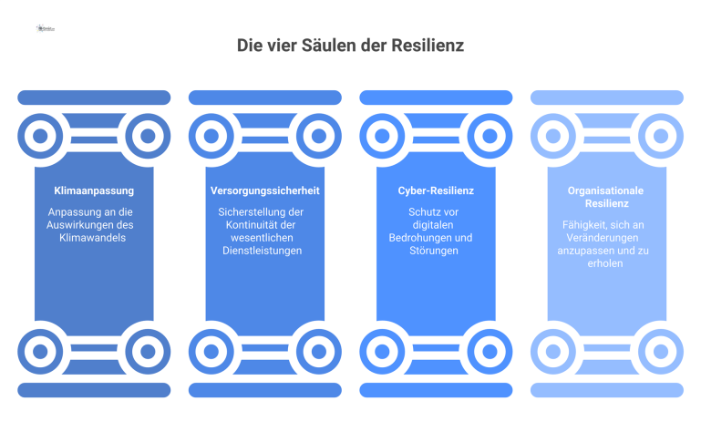 Die vier Säulen der Resilienz Infografik, die die vier Säulen der Resilienz auf einem Fundament zeigt: Klimaanpassung, Versorgungssicherheit, Cyber-Resilienz und Organisationale Resilienz.