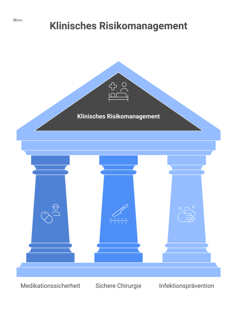 Diagramm, das die drei Säulen des klinischen Risikomanagements zeigt: Medikationssicherheit, sichere Chirurgie und Infektionsprävention mit jeweiligen Instrumenten.