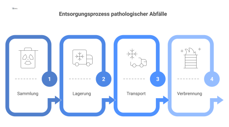 Flussdiagramm des Entsorgungsprozesses für pathologische Abfälle, von der Sammlung im Behälter bis zur Verbrennung in einer Sonderabfallanlage.