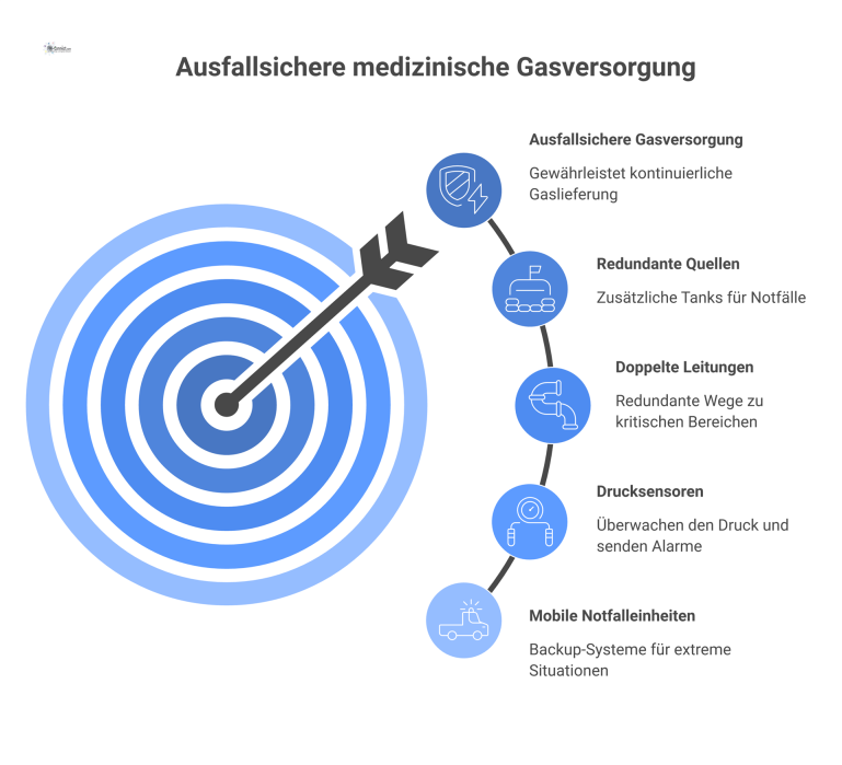 Ausfallsichere medizinische Gasversorgung im Krankenhaus Infografik zur ausfallsicheren medizinischen Gasversorgung mit redundanten Quellen, automatischer Umschaltung, doppelten Leitungen, Sensoren und mobilen Notfalleinheiten.