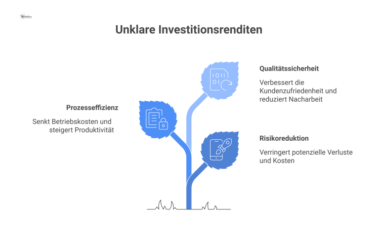 Kosten-Nutzen-Perspektive von Investitionen Infografik, die zeigt, wie Investitionen über die Hebel Risikoreduktion, Prozesseffizienz und Qualitätssicherheit zu wirtschaftlichem Nutzen führen.