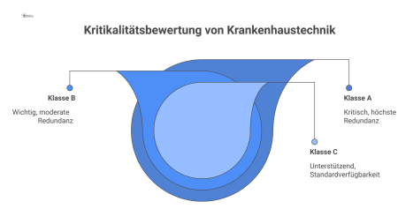 Diagramm der Kritikalitätsklassen A, B und C für Krankenhaustechnik, bewertet nach Patientenrisiko, Redundanz und Wiederanlaufzeit. 