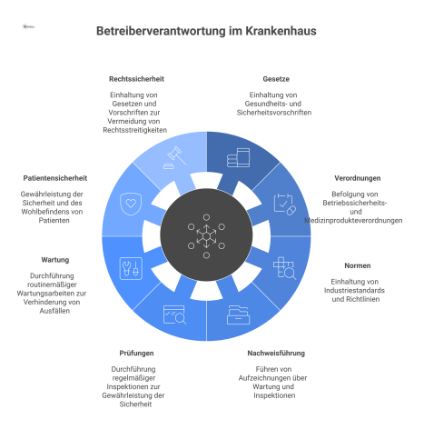 Infografik zur Betreiberverantwortung: Facility Management im Zentrum, das aus Pflichten wie Gesetzen resultierende Kernaufgaben zur Patientensicherheit und Rechtssicherheit ableitet. 