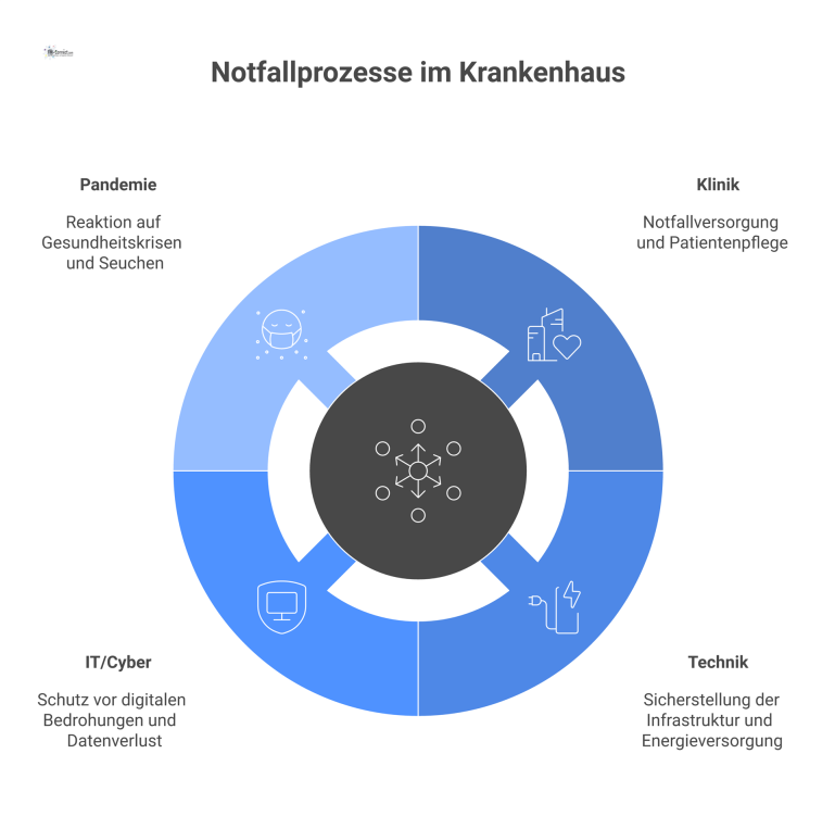 Infografik Notfallprozesse im Krankenhaus Infografik, die Notfallprozesse im Krankenhaus darstellt. Ein zentraler Knoten hat Zweige für Klinik, Technik, IT/Cyber und Pandemie mit Icons.