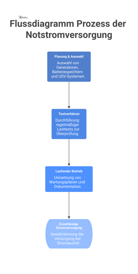 Flussdiagramm zum Prozess der Notstromversorgung mit den Hauptschritten Planung, Auswahl, Testverfahren und laufender Betrieb zur Sicherstellung der Stromversorgung.