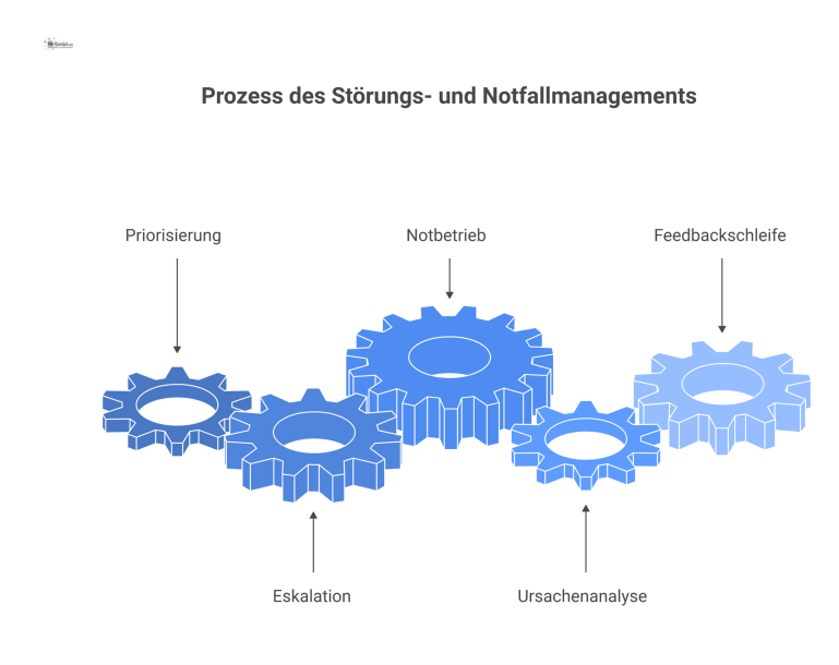 Prozess des Störungs- und Notfallmanagements Prozessdiagramm zum Störungs- und Notfallmanagement, das bei der Priorisierung beginnt, über Eskalationspfade und Notbetriebsmaßnahmen bis zur Ursachenanalyse führt.