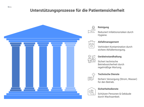 Infografik mit dem zentralen Thema Patientensicherheit, von dem fünf Arme zu den Unterstützungsprozessen Reinigung, Abfallmanagement, Geräteinstandhaltung, technische und Sicherheitsdienste abgehen.
