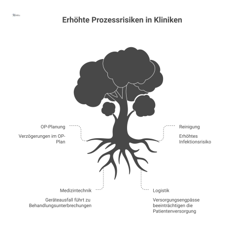 Infografik, die mangelhafte Prozessqualität in Kliniken als Ursache für Risiken wie Verzögerungen, Infektionen und Geräteausfälle visualisiert.
