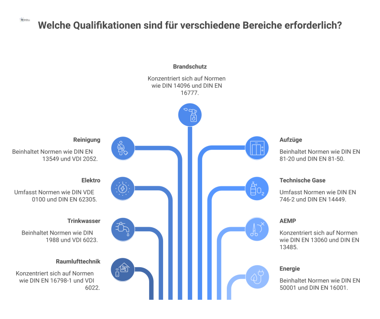 Mindmap: Qualifikations-Matrix nach Normen Mindmap zur Qualifikations-Matrix nach Normen mit Hauptästen für technische Bereiche wie Raumlufttechnik, Trinkwasser und Elektro sowie deren spezifischen Normen.