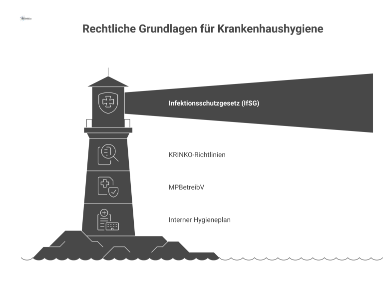 Rechtliche Grundlagen für Krankenhaushygiene Hierarchisches Diagramm der rechtlichen Grundlagen für Krankenhaushygiene, vom Infektionsschutzgesetz über KRINKO-Richtlinien bis zum internen Hygieneplan des Krankenhauses.